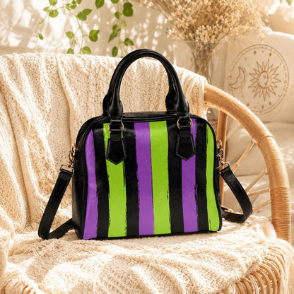 Goth Striped Handbag, Purple Green Top Handle Purse, Spooky Crossbody Satchel
