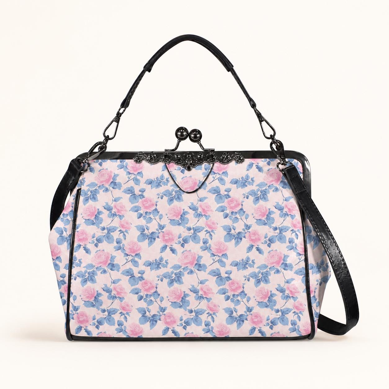 Pink Floral Kiss Lock Crossbody Bag, Blue Rose Cottagecore Handbag