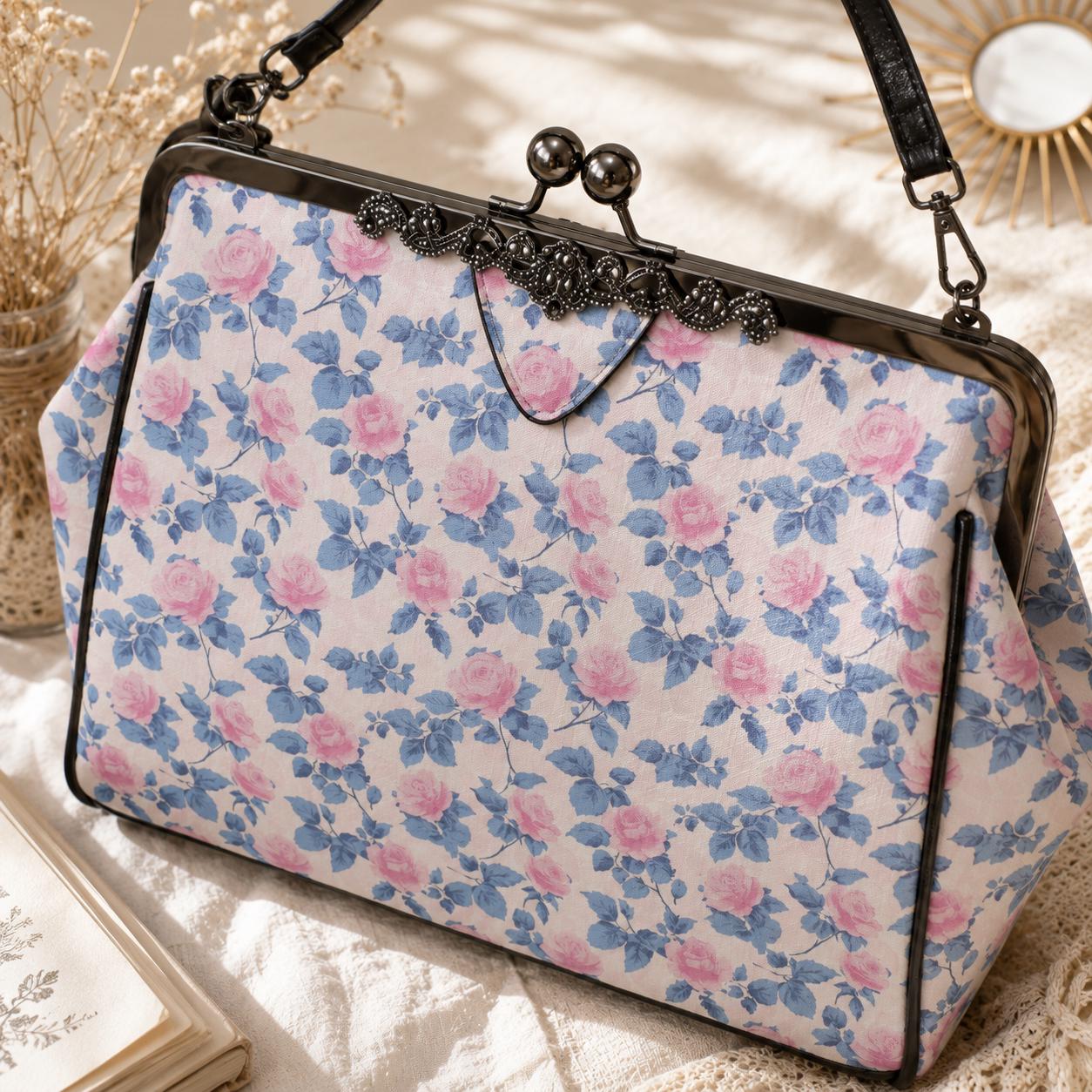 Pink Floral Kiss Lock Crossbody Bag, Blue Rose Cottagecore Handbag