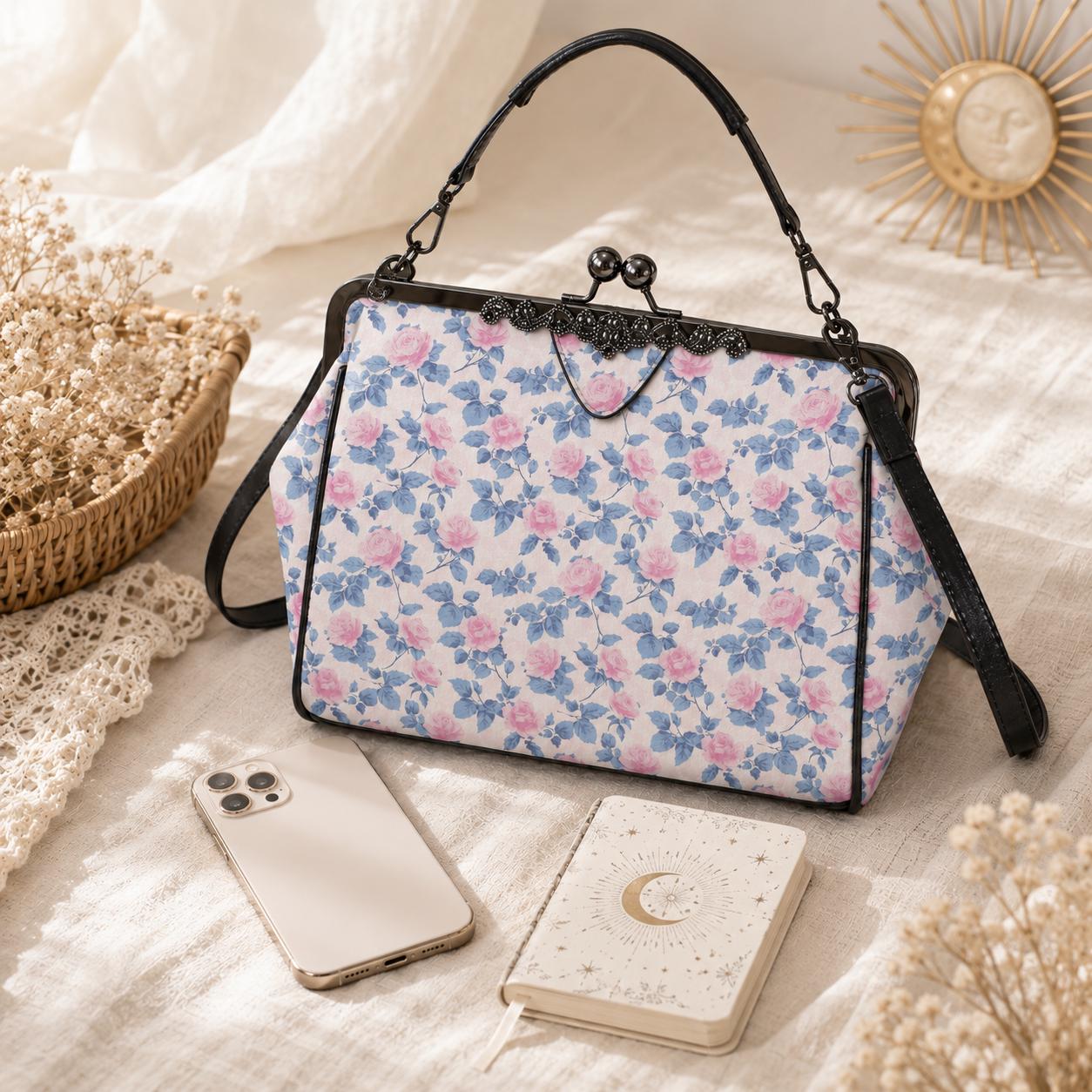 Pink Floral Kiss Lock Crossbody Bag, Blue Rose Cottagecore Handbag