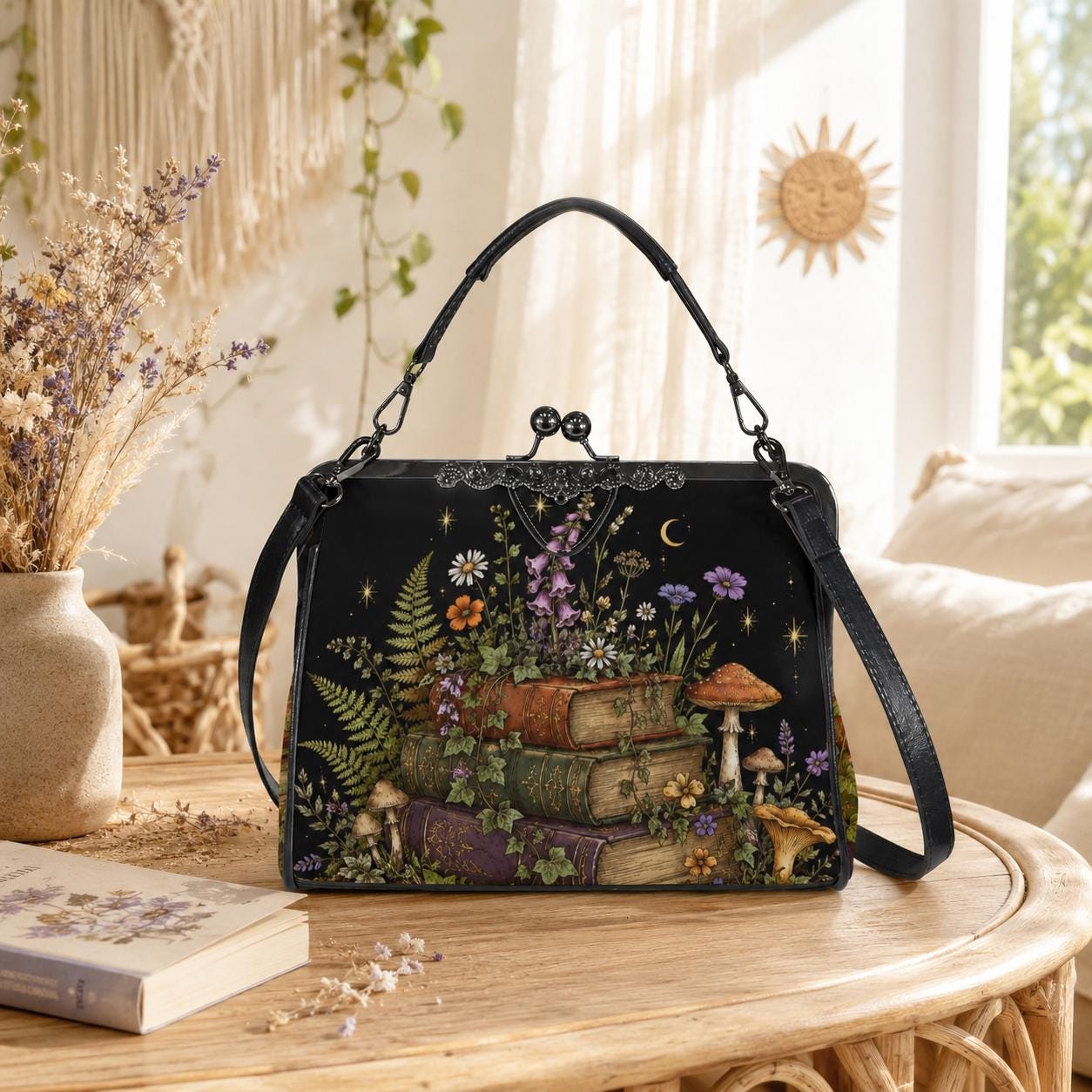 Dark Academia Stacked Books Crossbody Bag, Cottagecore Moon Stars Kiss Lock Purse