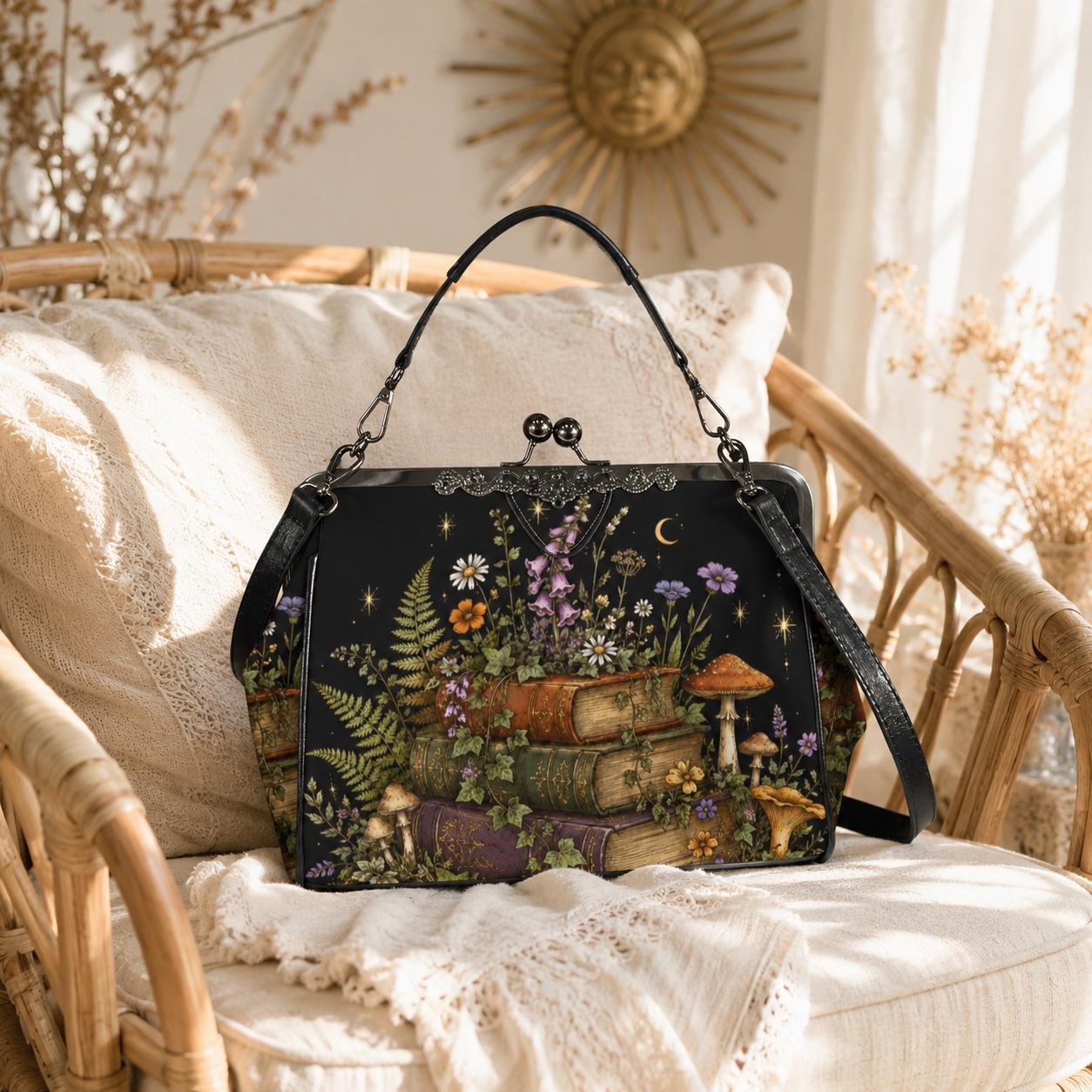 Dark Academia Stacked Books Crossbody Bag, Cottagecore Moon Stars Kiss Lock Purse