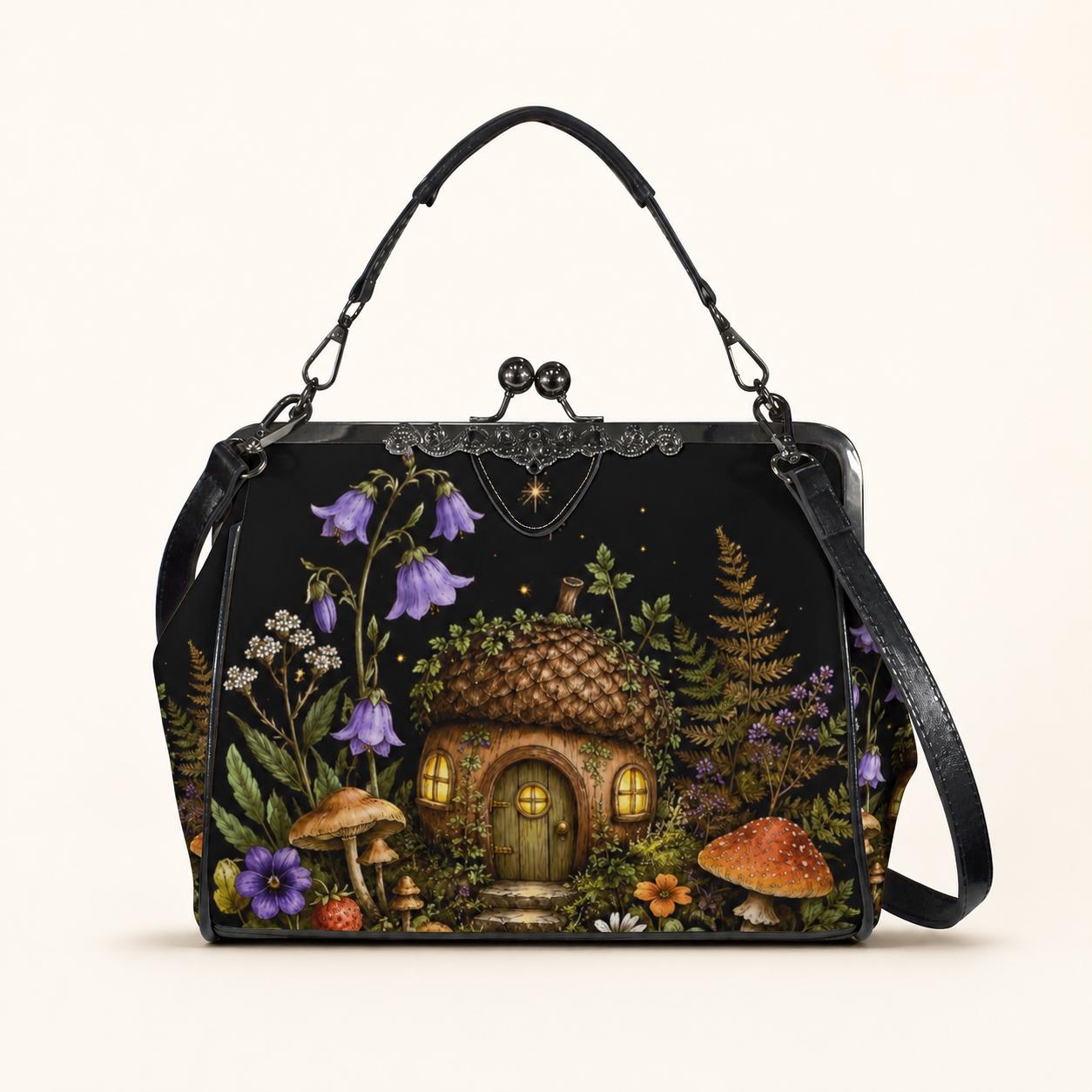 Mushroom Fairy House Crossbody Bag, Cottagecore Woodland Kiss Lock Purse