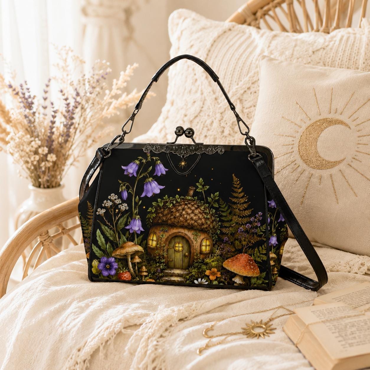 Mushroom Fairy House Crossbody Bag, Cottagecore Woodland Kiss Lock Purse