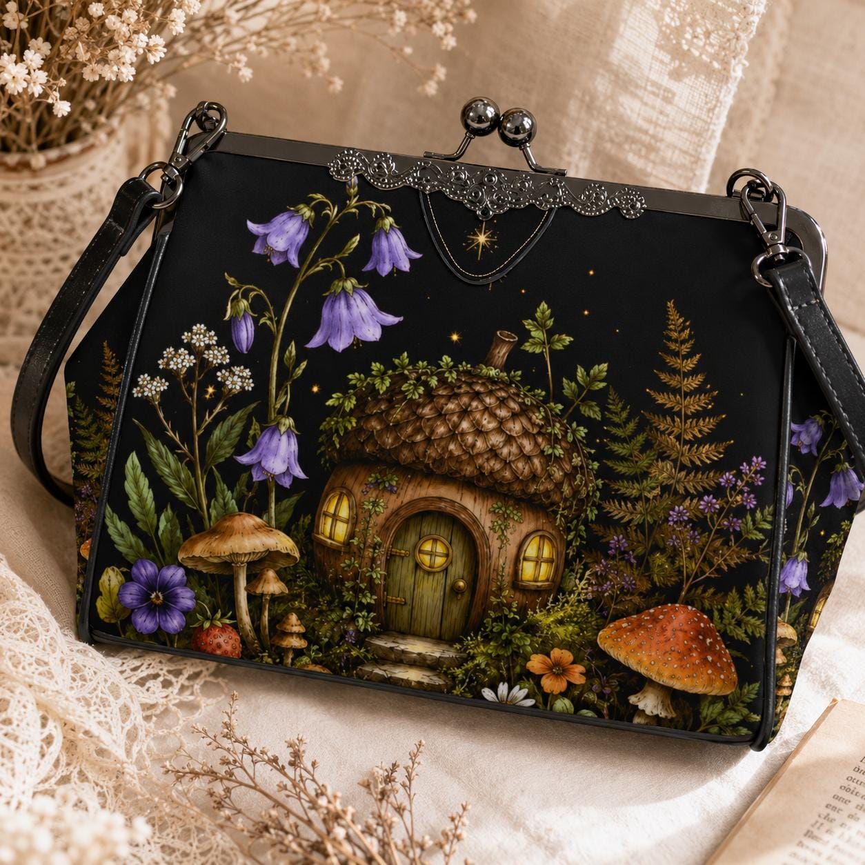 Mushroom Fairy House Crossbody Bag, Cottagecore Woodland Kiss Lock Purse