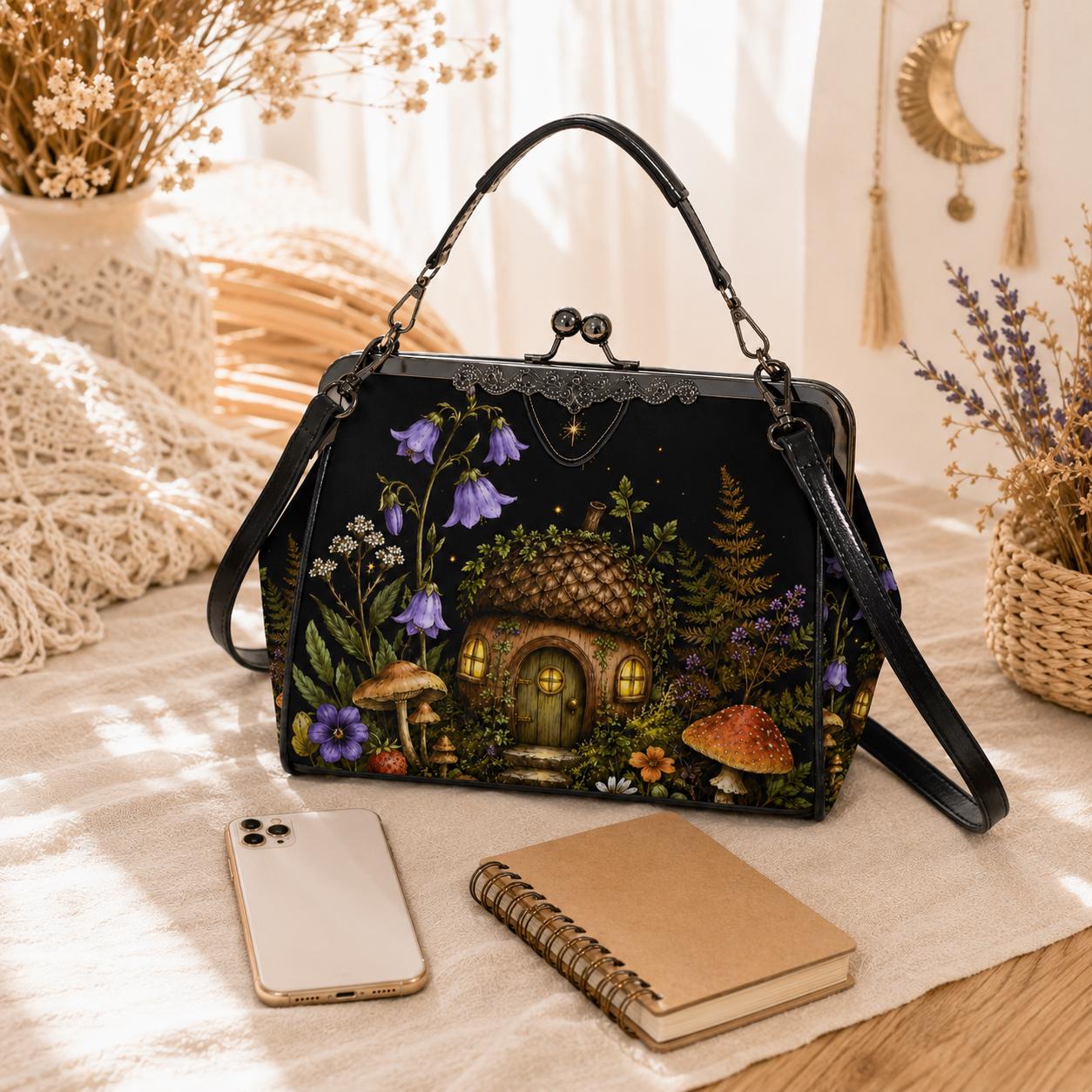 Mushroom Fairy House Crossbody Bag, Cottagecore Woodland Kiss Lock Purse