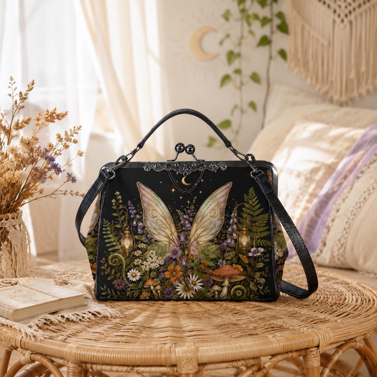 Fairycore Kiss Lock Bag, Whimsigoth Butterfly Wings, Moon Wildflower Handbag