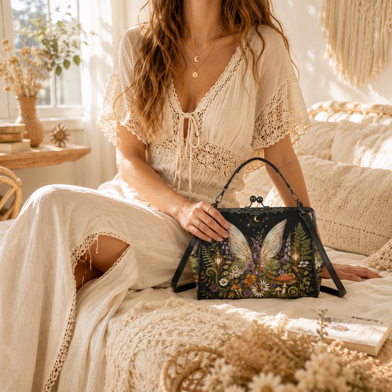 Fairycore Kiss Lock Bag, Whimsigoth Butterfly Wings, Moon Wildflower Handbag