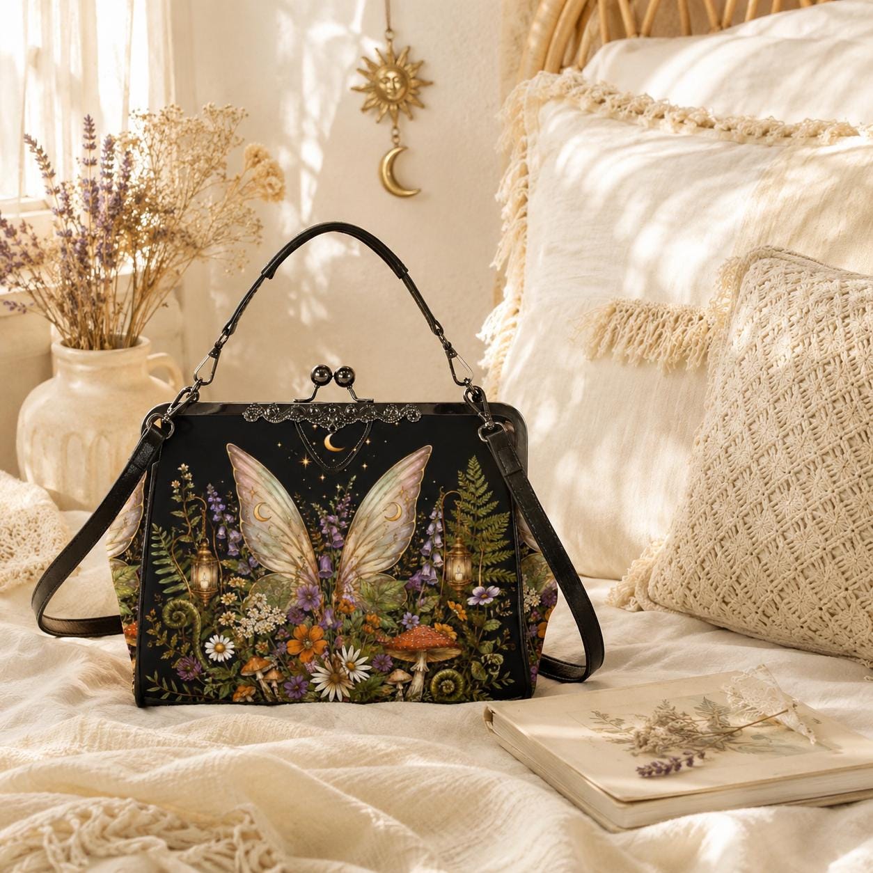Fairycore Kiss Lock Bag, Whimsigoth Butterfly Wings, Moon Wildflower Handbag