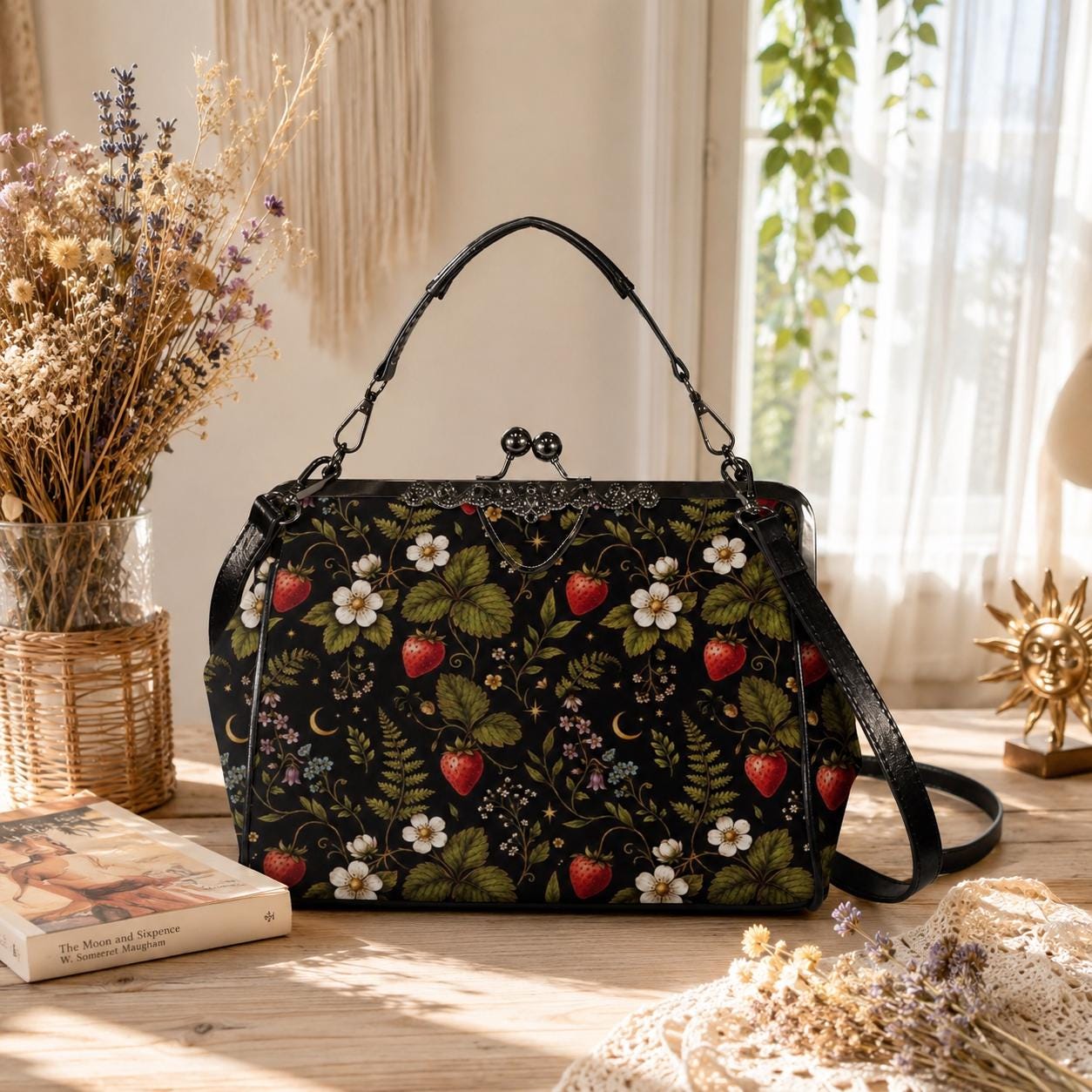 Dark Botanical Strawberry Kiss Lock Bag, Cottagecore Berry Print Crossbody Purse