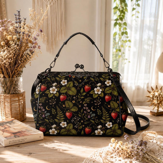 Dark Botanical Strawberry Kiss Lock Bag, Cottagecore Berry Print Crossbody Purse
