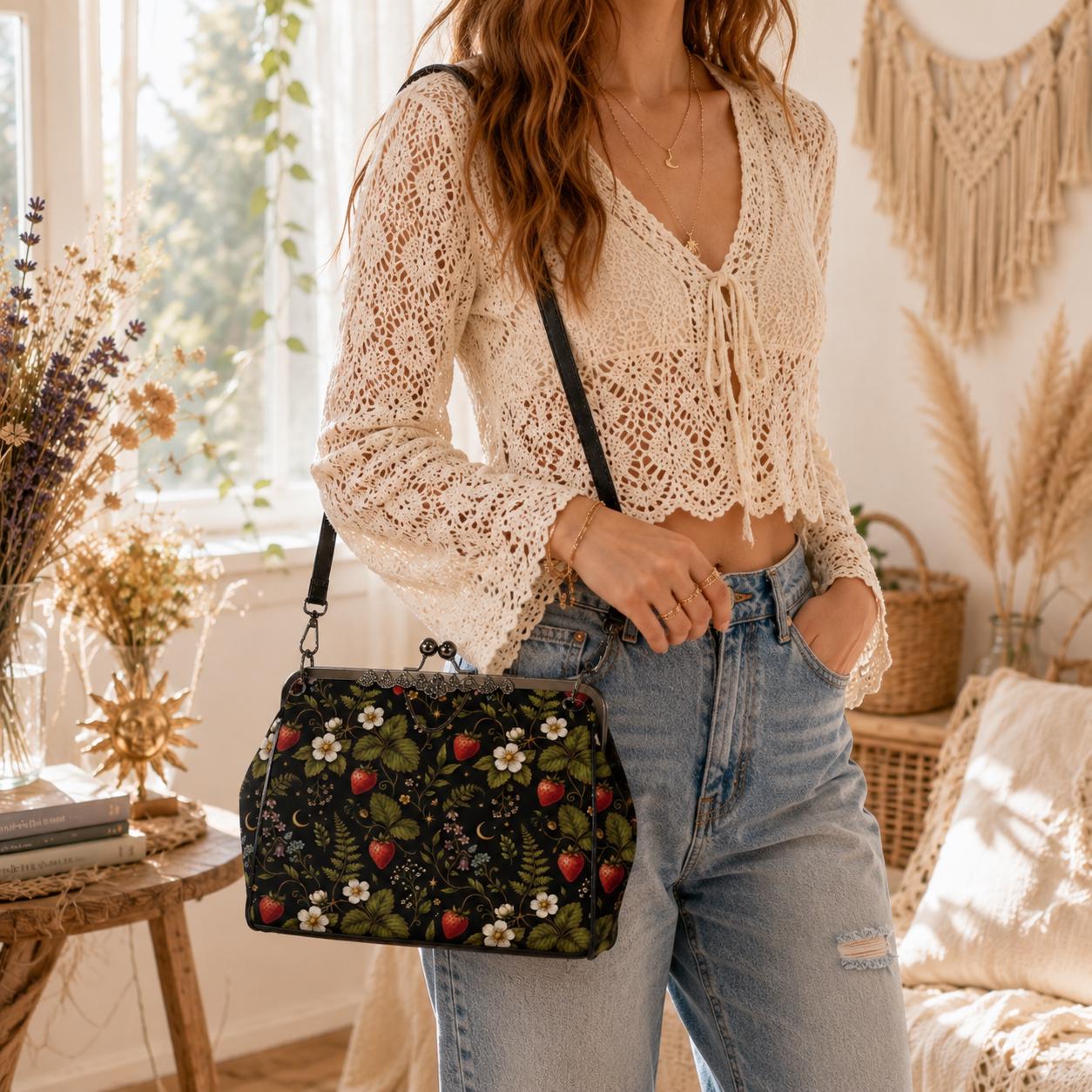 Dark Botanical Strawberry Kiss Lock Bag, Cottagecore Berry Print Crossbody Purse