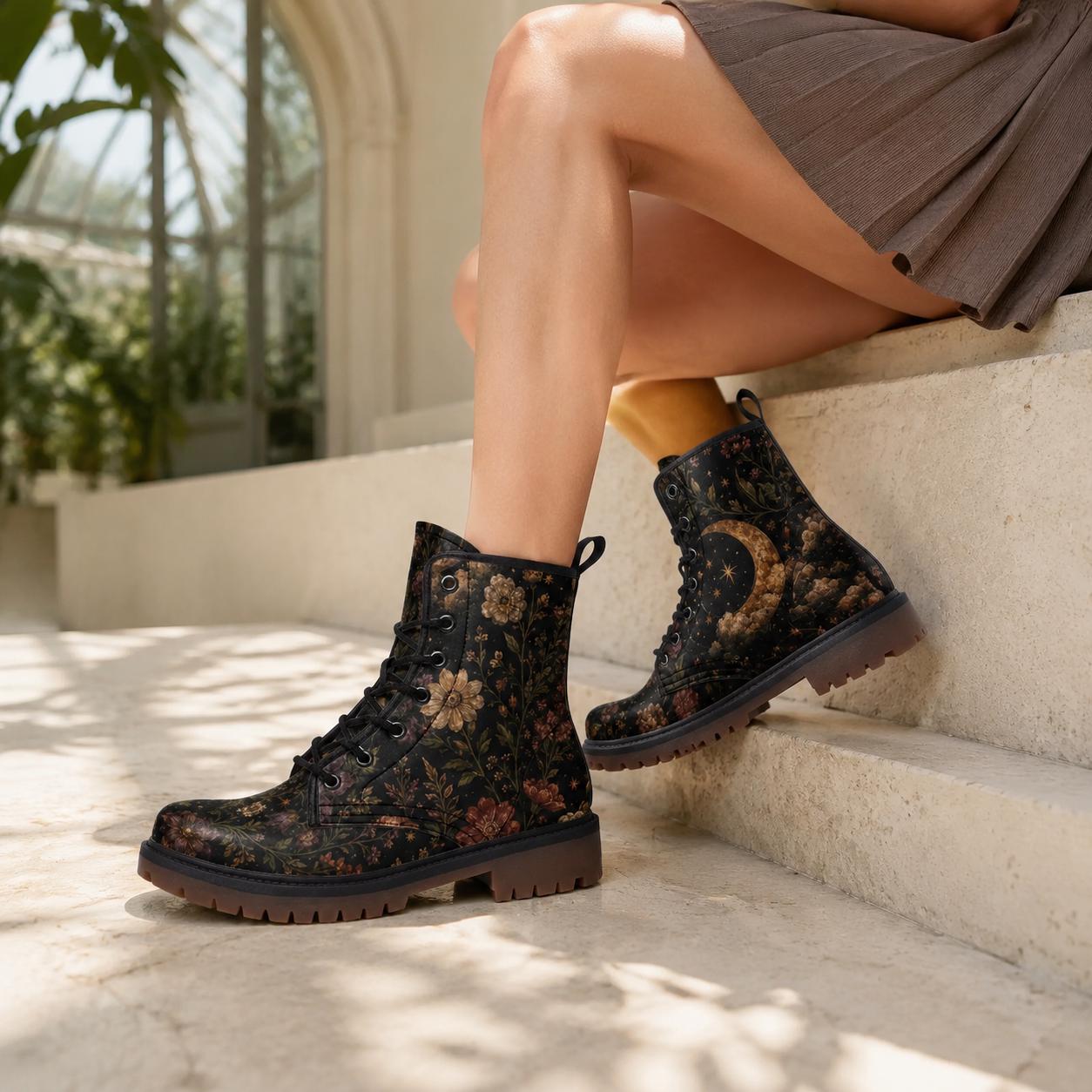 Celestial Floral Combat Boots, Moon Stars Ankle Booties, Dark Cottagecore Lace Up