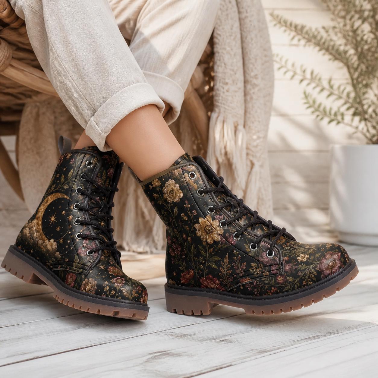Celestial Floral Combat Boots, Moon Stars Ankle Booties, Dark Cottagecore Lace Up