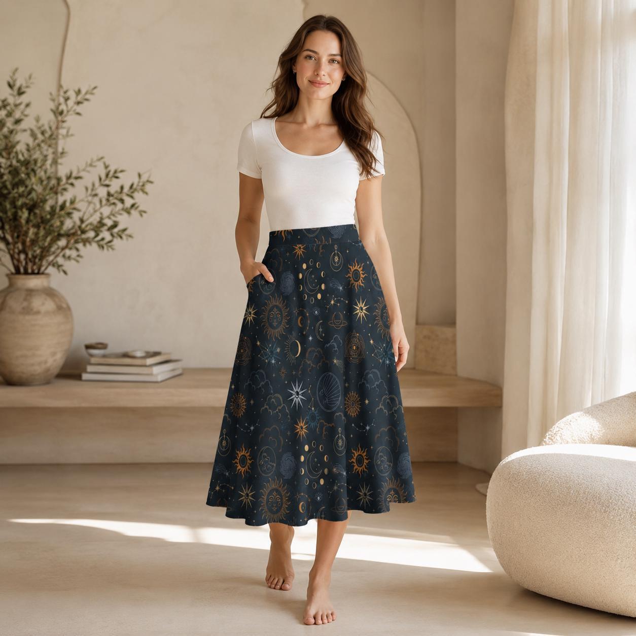 Celestial Midi Skirt, Sun Moon Stars Astrology Print, High Waist A-Line with Pockets