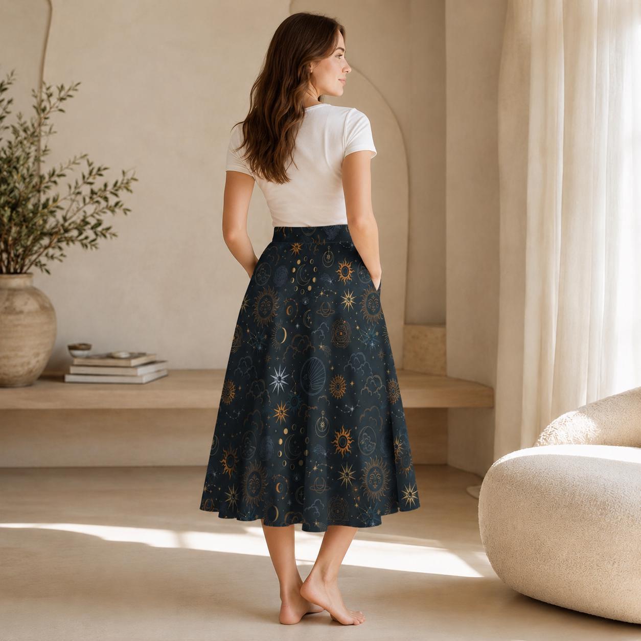 Celestial Midi Skirt, Sun Moon Stars Astrology Print, High Waist A-Line with Pockets