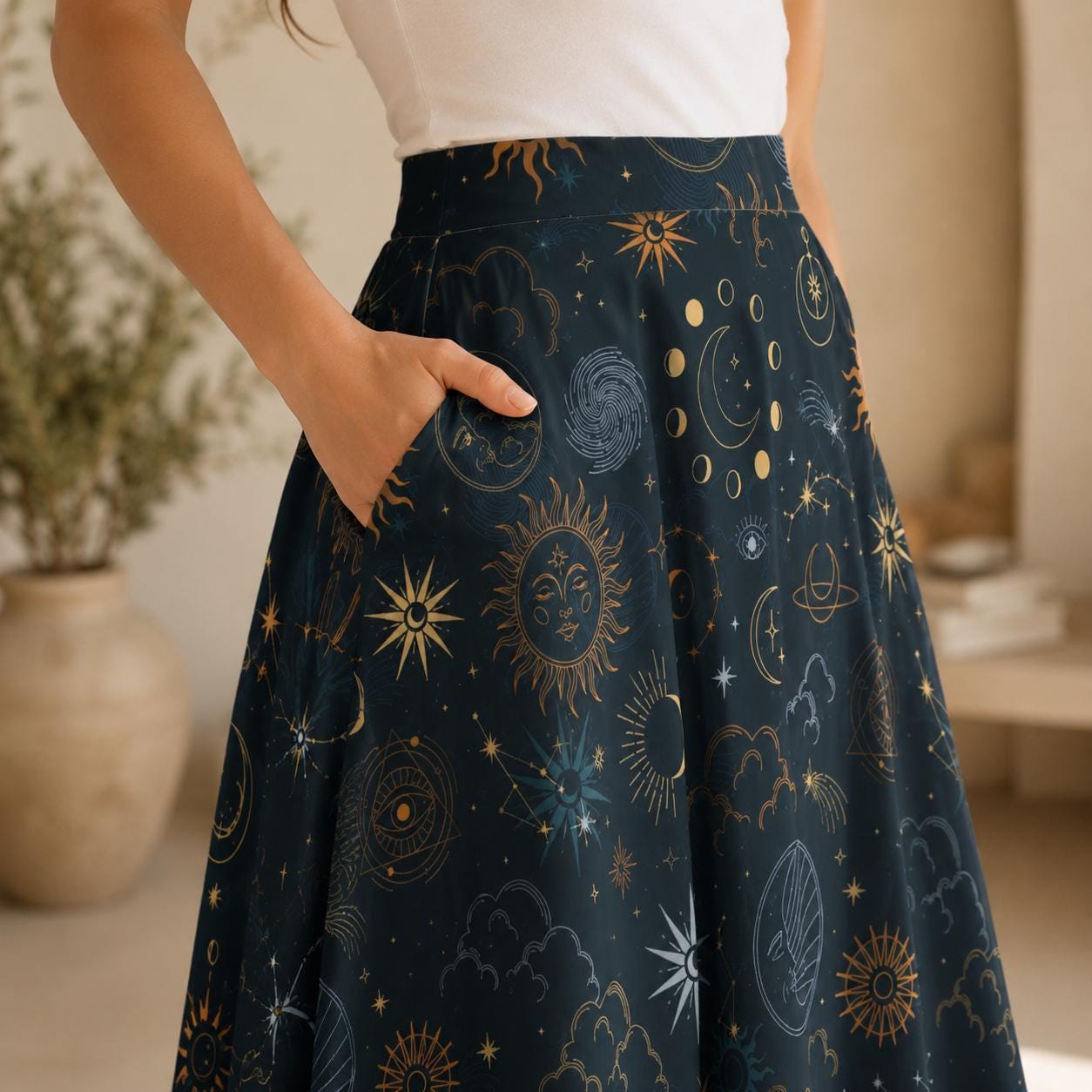 Celestial Midi Skirt, Sun Moon Stars Astrology Print, High Waist A-Line with Pockets