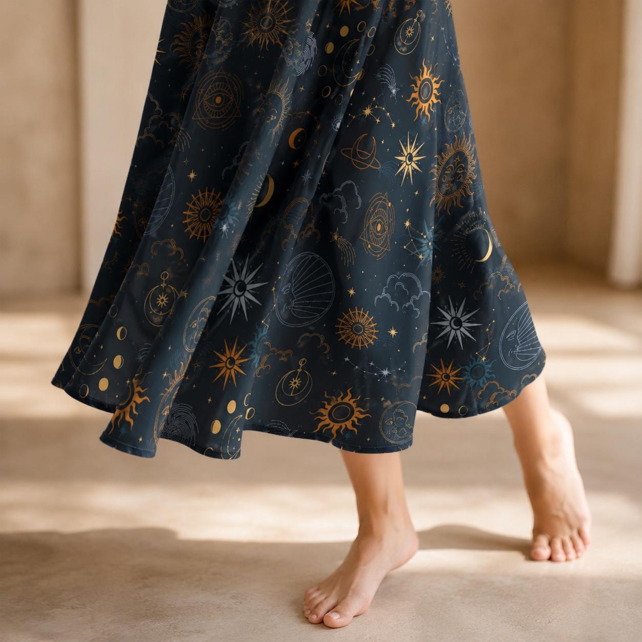 Celestial Midi Skirt, Sun Moon Stars Astrology Print, High Waist A-Line with Pockets