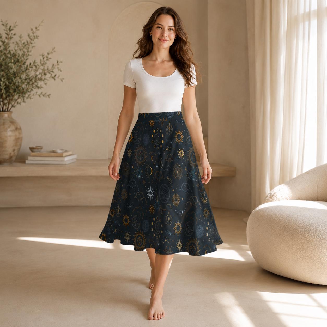 Celestial Midi Skirt, Sun Moon Stars Astrology Print, High Waist A-Line with Pockets