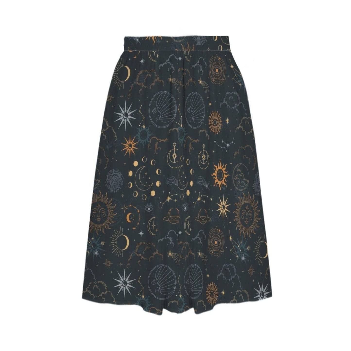 Celestial Midi Skirt, Sun Moon Stars Astrology Print, High Waist A-Line with Pockets