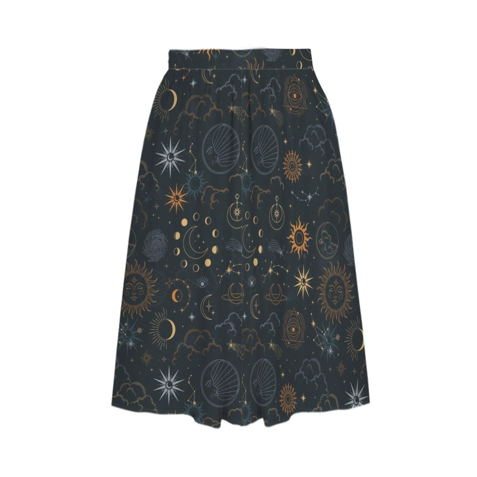 Celestial Midi Skirt, Sun Moon Stars Astrology Print, High Waist A-Line with Pockets
