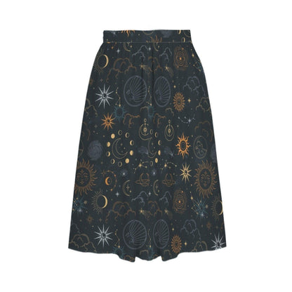 Celestial Midi Skirt, Sun Moon Stars Astrology Print, High Waist A-Line with Pockets