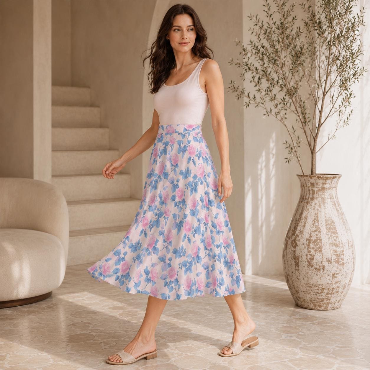 Pastel Floral Midi Skirt, Pink Blue Rose Print, High Waist A Line, Pockets