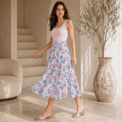 Pastel Floral Midi Skirt, Pink Blue Rose Print, High Waist A Line, Pockets