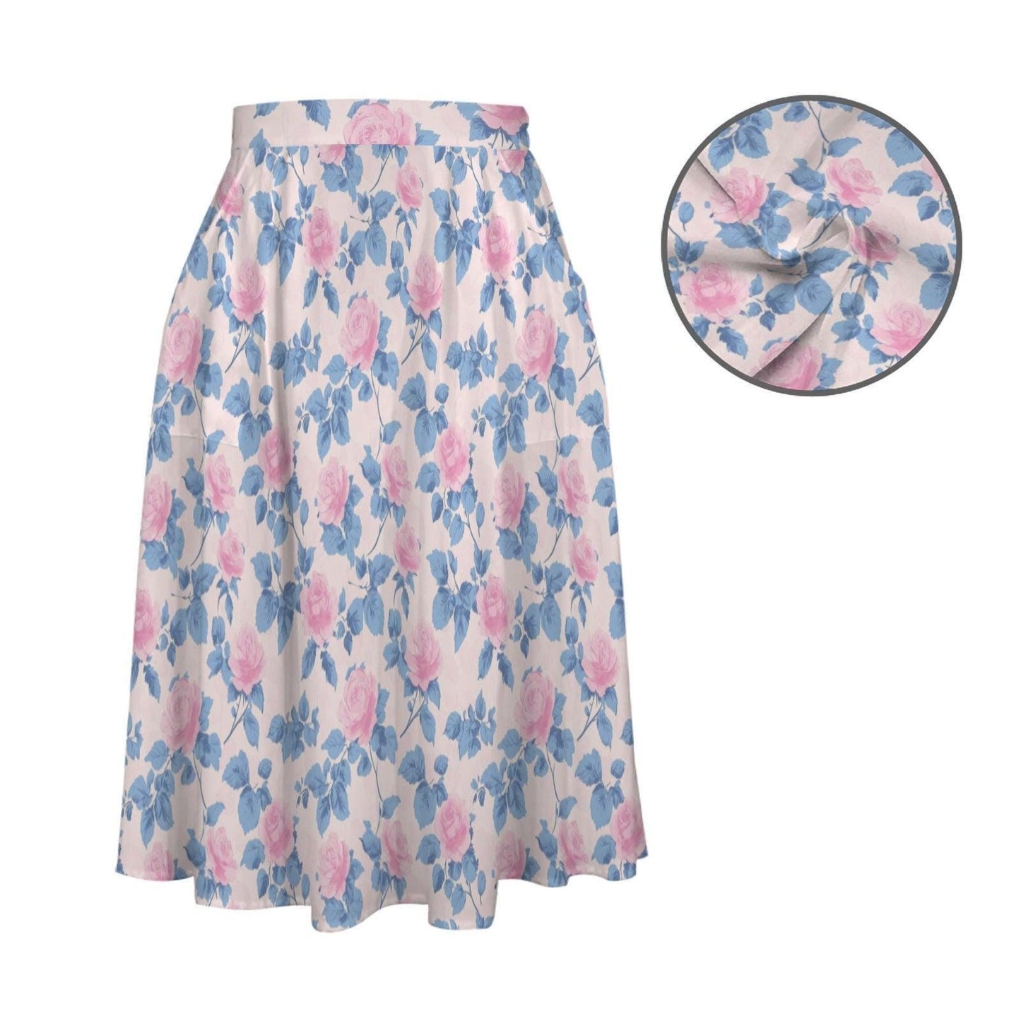 Pastel Floral Midi Skirt, Pink Blue Rose Print, High Waist A Line, Pockets