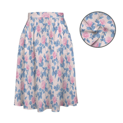 Pastel Floral Midi Skirt, Pink Blue Rose Print, High Waist A Line, Pockets