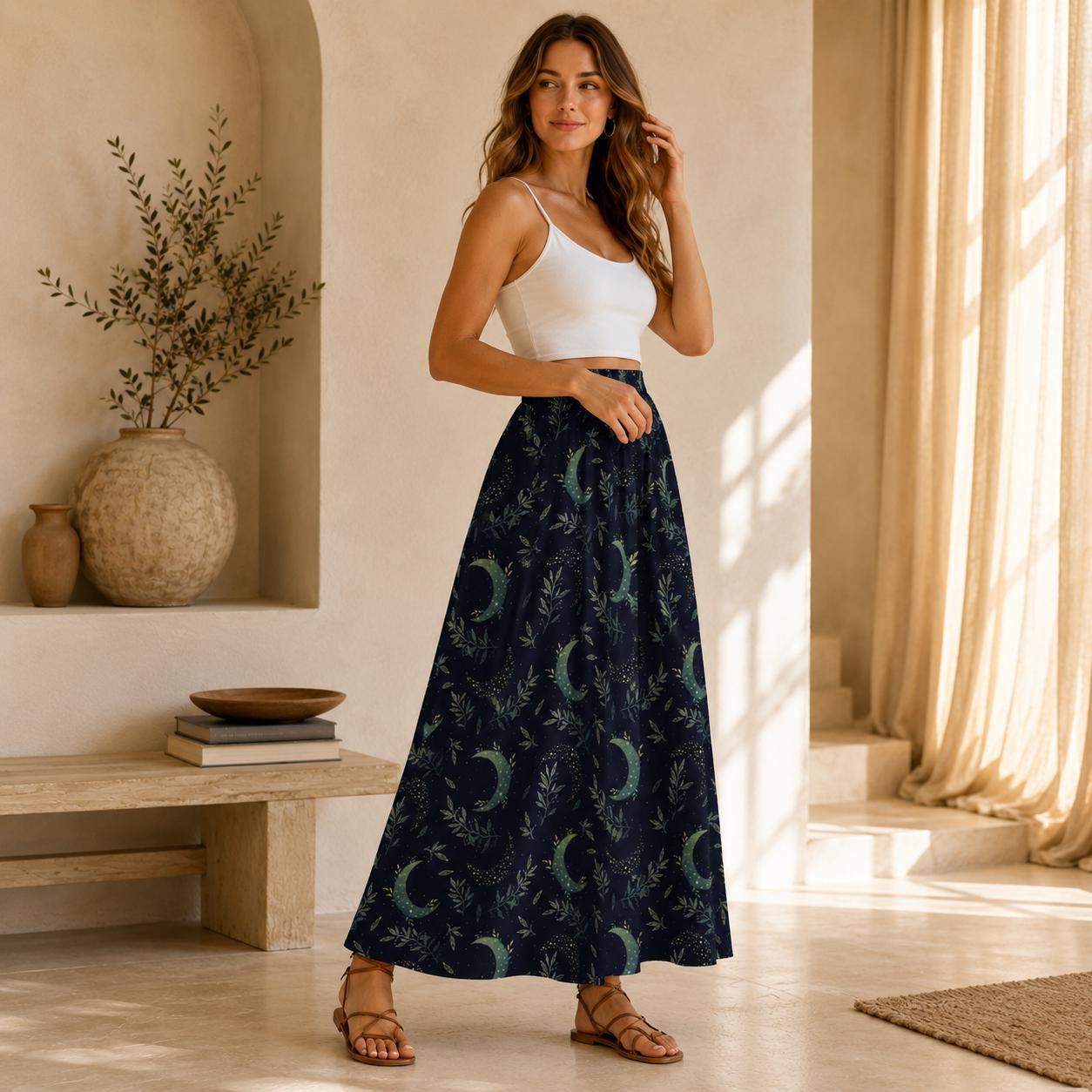 Celestial Maxi Skirt, Navy Moon Botanical Leaf Print, High Waist Flowy Witchy Gift