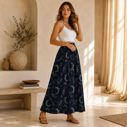 Celestial Maxi Skirt, Navy Moon Botanical Leaf Print, High Waist Flowy Witchy Gift