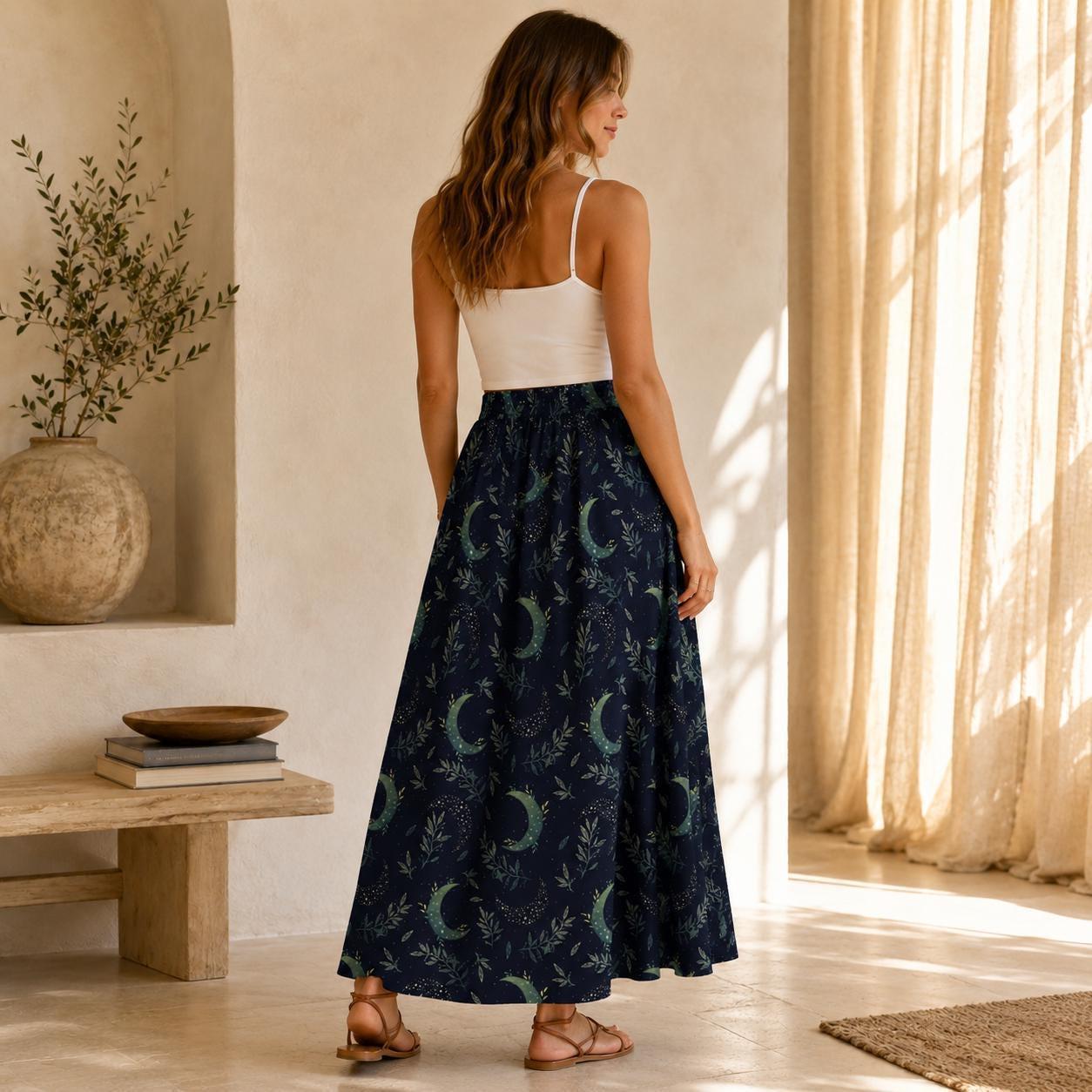 Celestial Maxi Skirt, Navy Moon Botanical Leaf Print, High Waist Flowy Witchy Gift