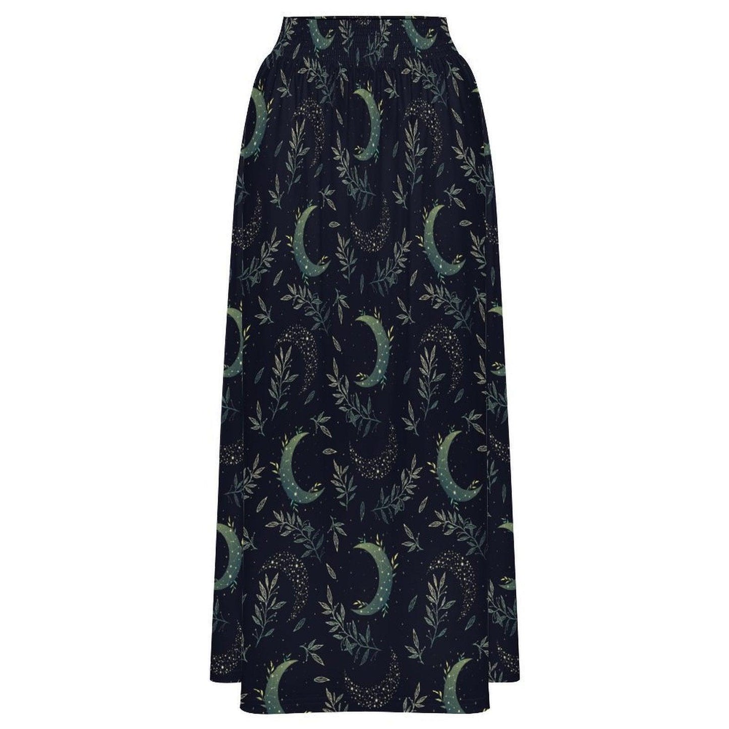Celestial Maxi Skirt, Navy Moon Botanical Leaf Print, High Waist Flowy Witchy Gift