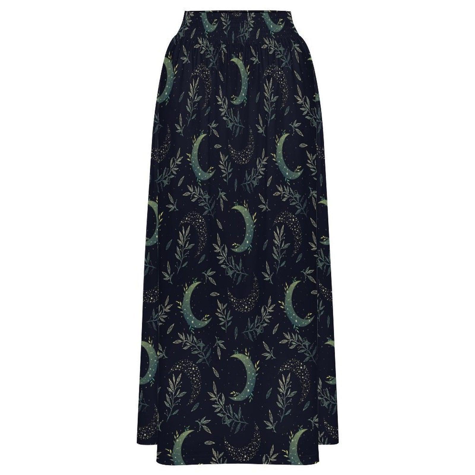Celestial Maxi Skirt, Navy Moon Botanical Leaf Print, High Waist Flowy Witchy Gift