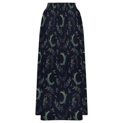Celestial Maxi Skirt, Navy Moon Botanical Leaf Print, High Waist Flowy Witchy Gift