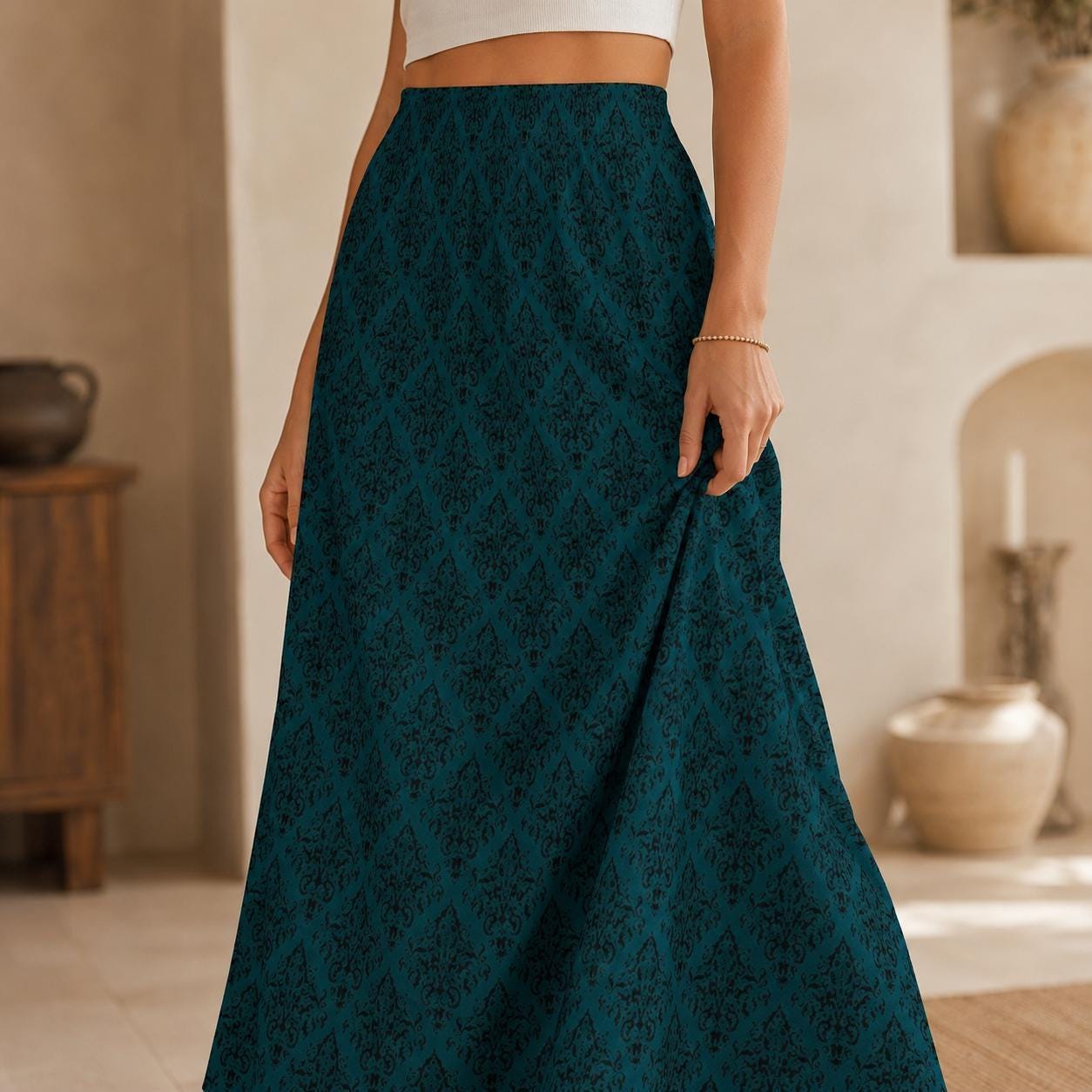 Teal Maxi Skirt, Dark Damask Print, High Waist Flowy A-Line, Moody Boho Style