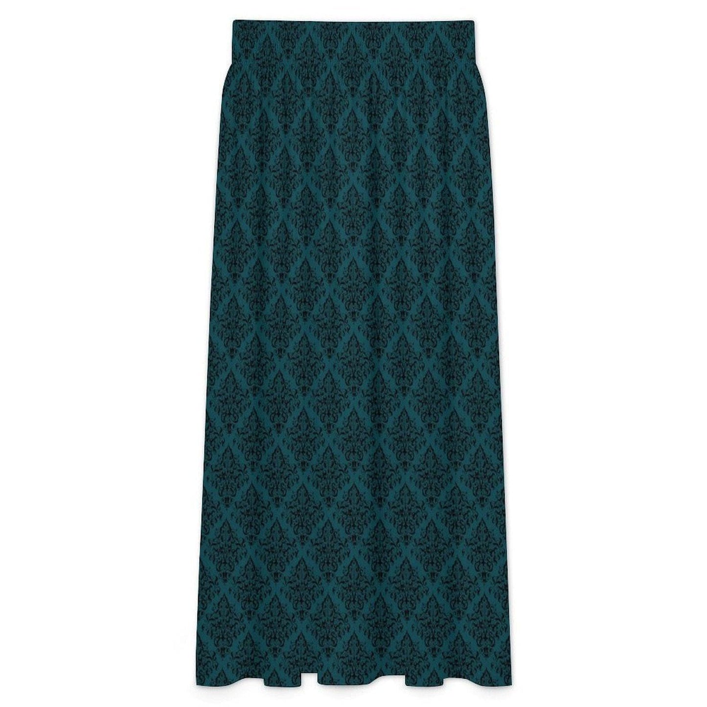 Teal Maxi Skirt, Dark Damask Print, High Waist Flowy A-Line, Moody Boho Style
