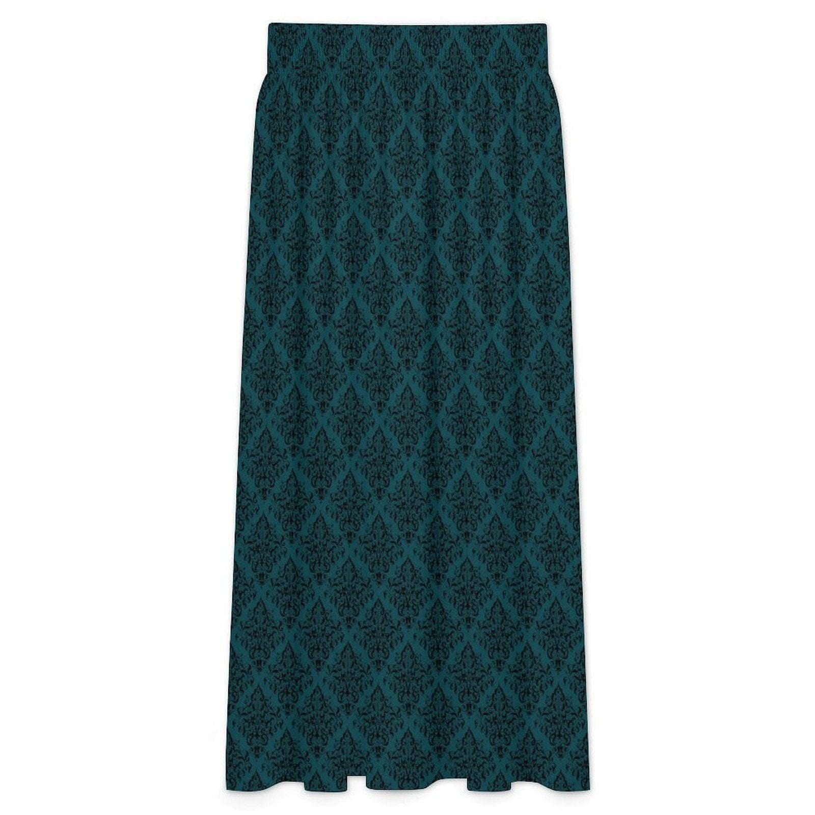 Teal Maxi Skirt, Dark Damask Print, High Waist Flowy A-Line, Moody Boho Style