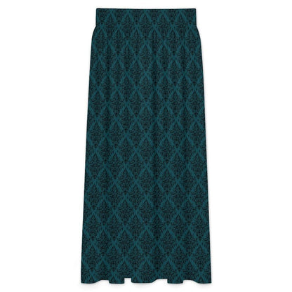 Teal Maxi Skirt, Dark Damask Print, High Waist Flowy A-Line, Moody Boho Style