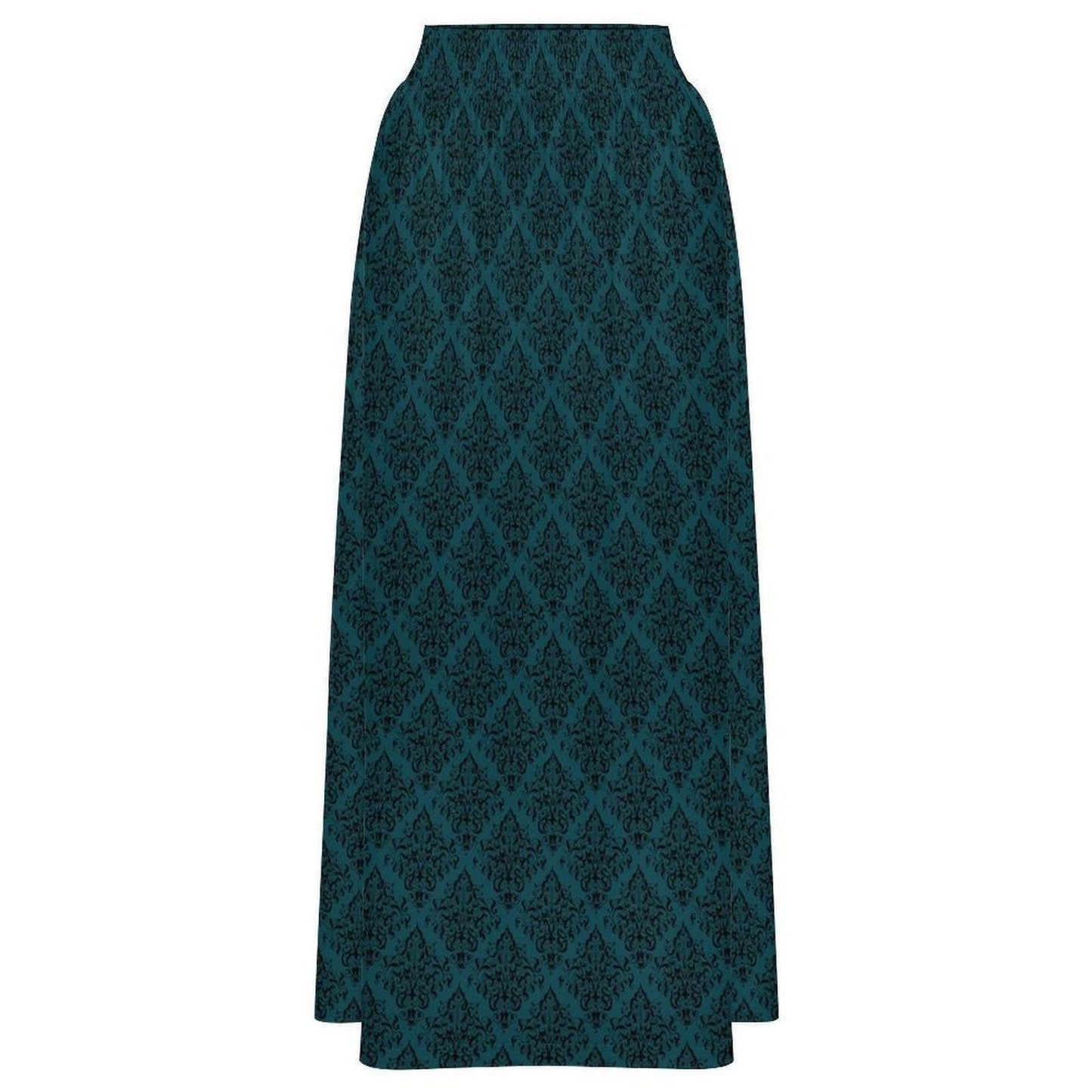 Teal Maxi Skirt, Dark Damask Print, High Waist Flowy A-Line, Moody Boho Style