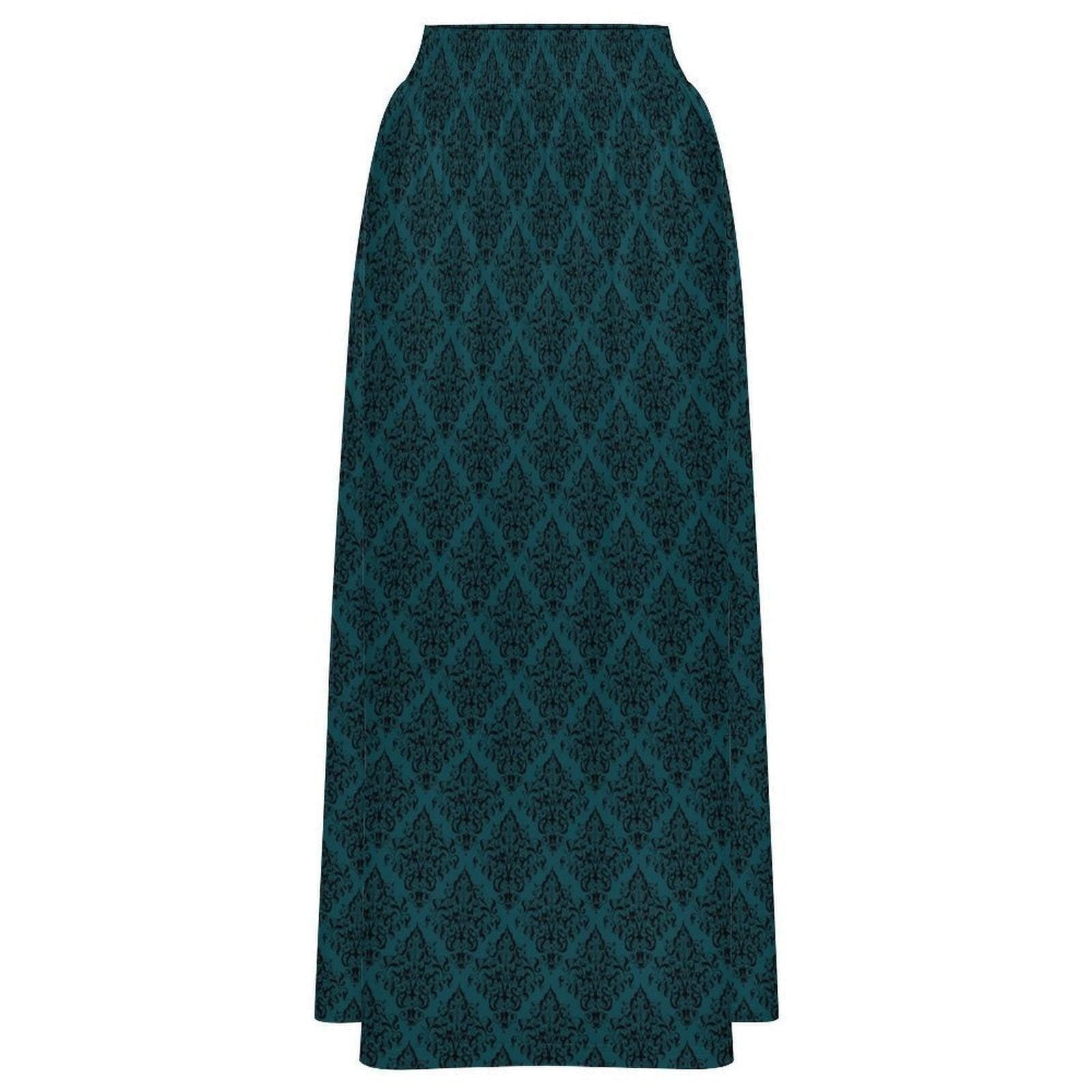 Teal Maxi Skirt, Dark Damask Print, High Waist Flowy A-Line, Moody Boho Style