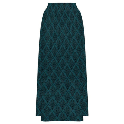 Teal Maxi Skirt, Dark Damask Print, High Waist Flowy A-Line, Moody Boho Style