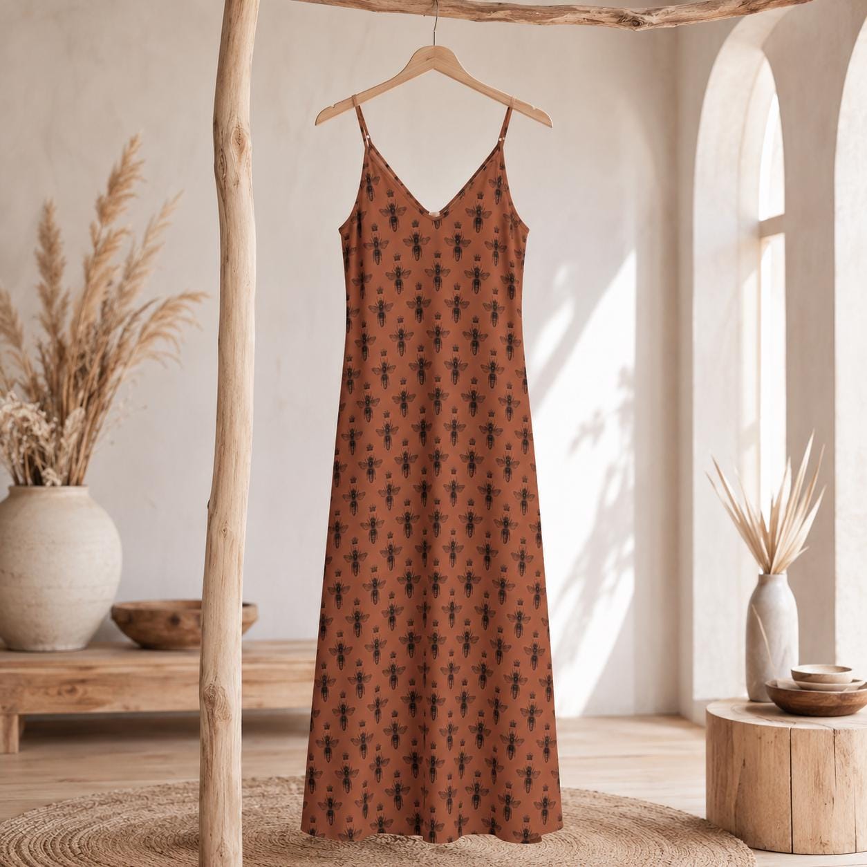 Rust Brown Bee Print Maxi Dress, Cottagecore Spaghetti Strap Sundress