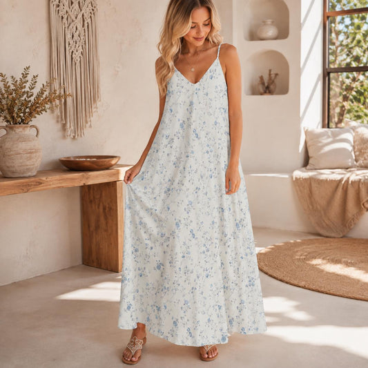 Blue Ditsy Floral Maxi Dress, White Spaghetti Strap Sundress, Coastal Cottage Style