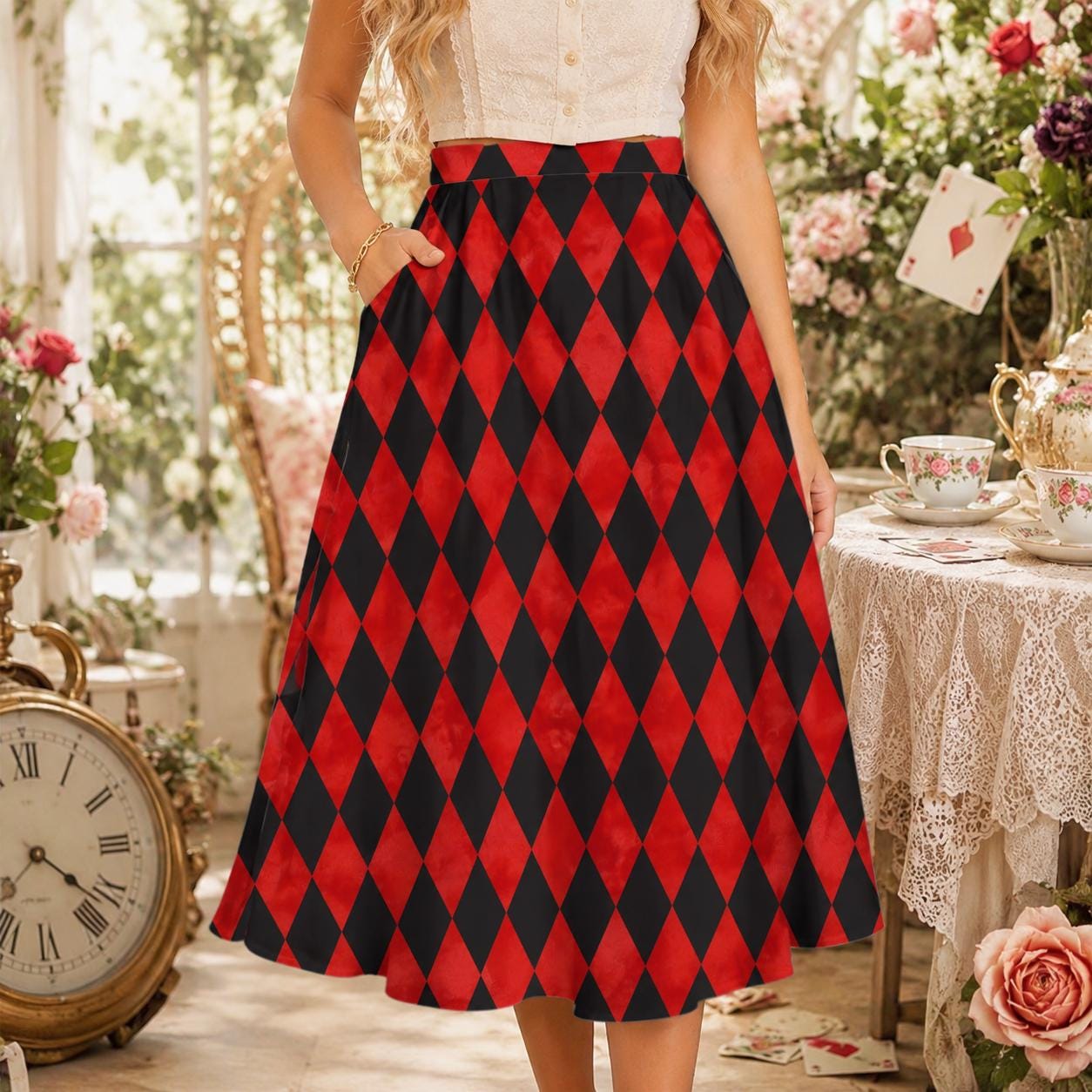 Harlequin Midi Skirt, Red Black Diamond Print, High Waist A Line, Pockets, Circus Style