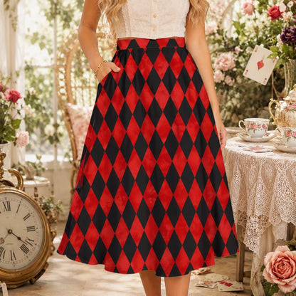 Harlequin Midi Skirt, Red Black Diamond Print, High Waist A Line, Pockets, Circus Style