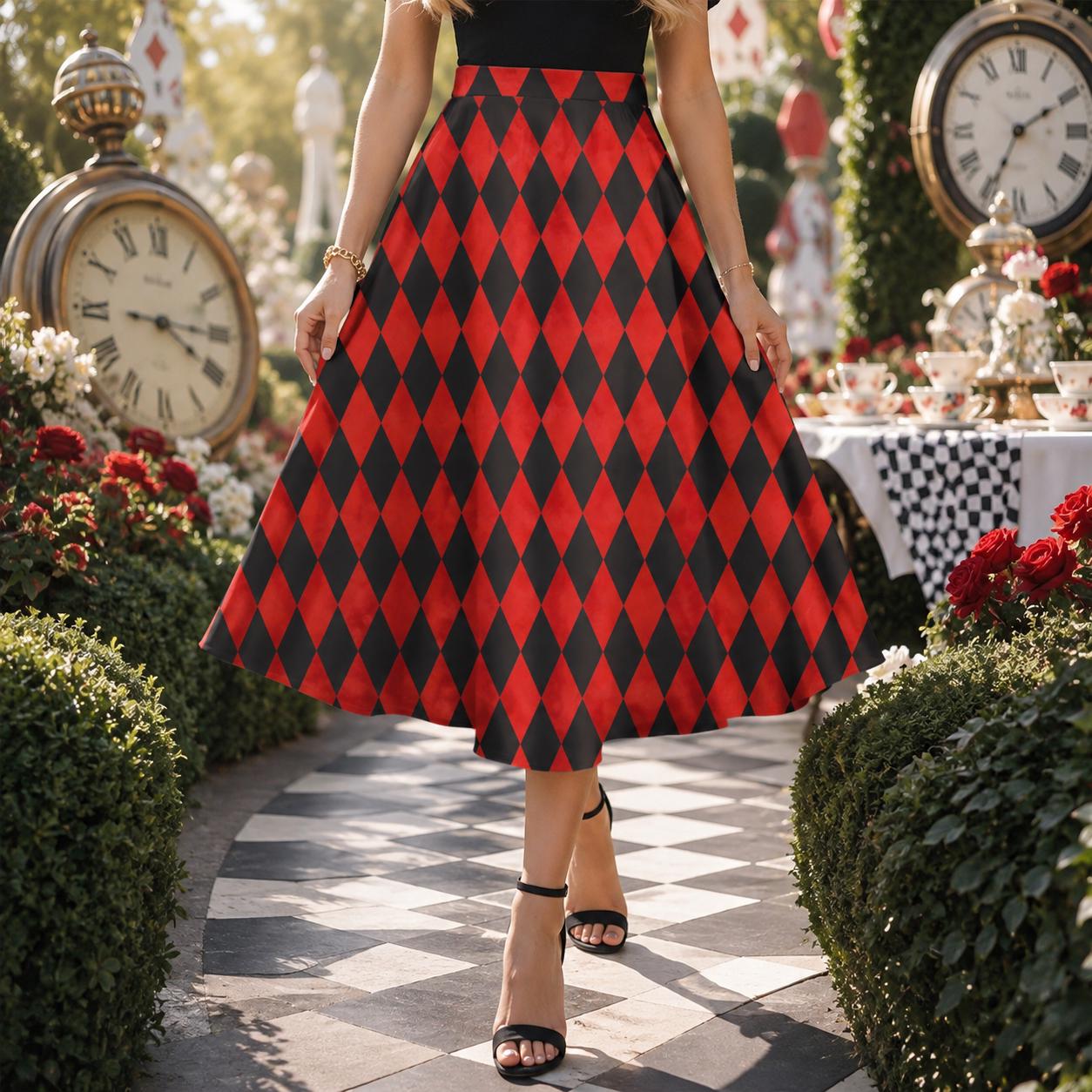 Harlequin Midi Skirt, Red Black Diamond Print, High Waist A Line, Pockets, Circus Style