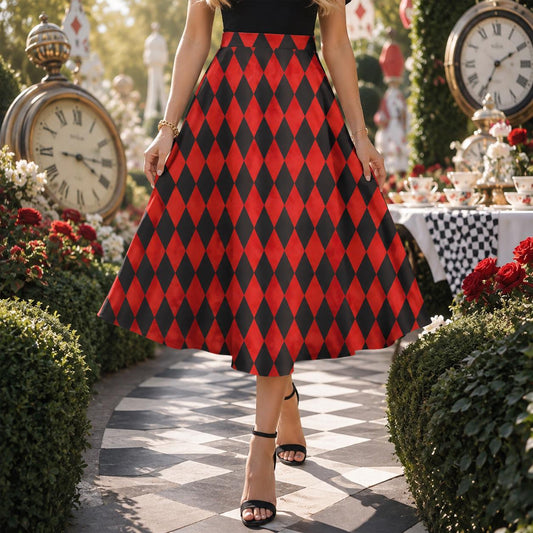Harlequin Midi Skirt, Red Black Diamond Print, High Waist A Line, Pockets, Circus Style