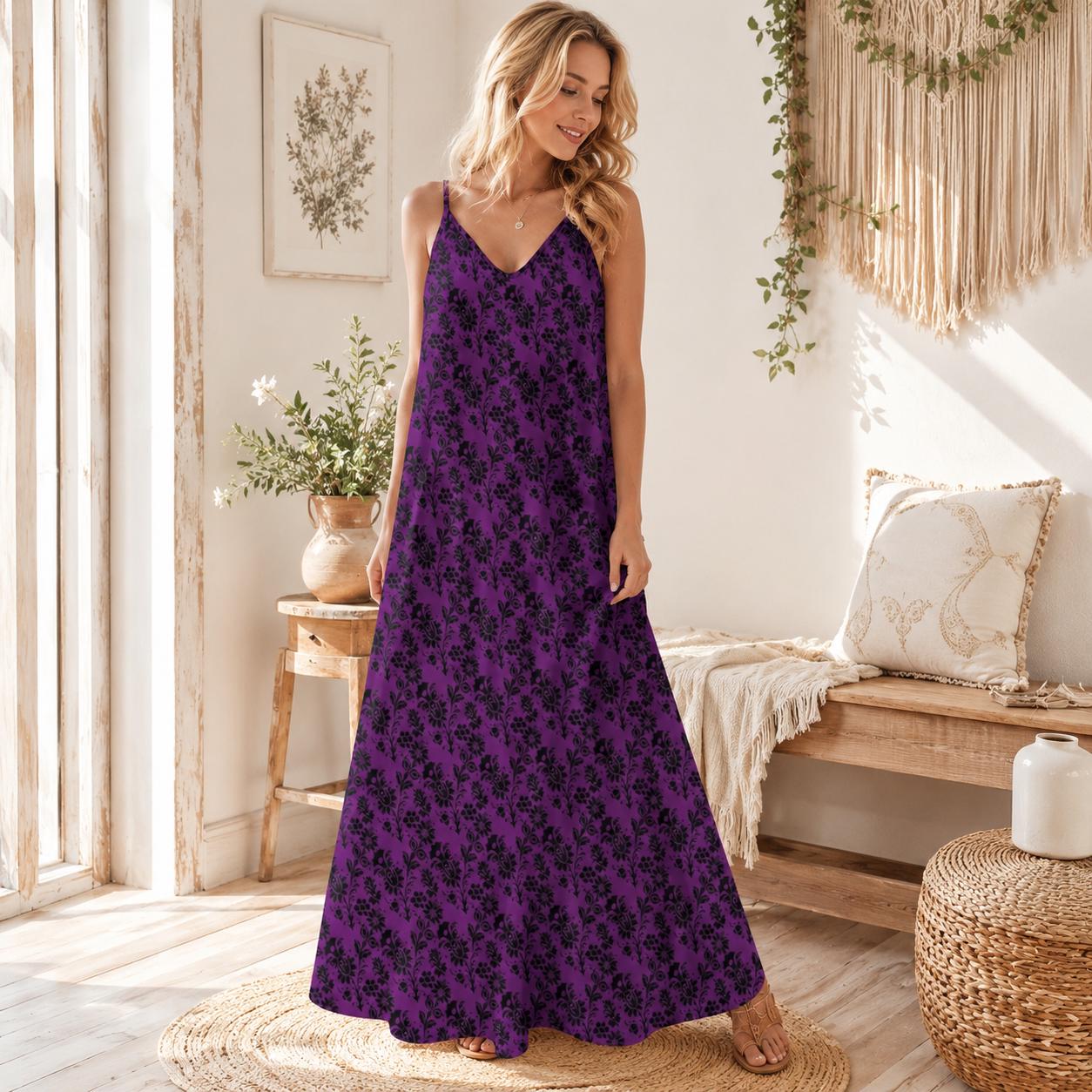 Gothic Maxi Dress, Purple Black Baroque Floral, Victorian Spaghetti Strap Sundress